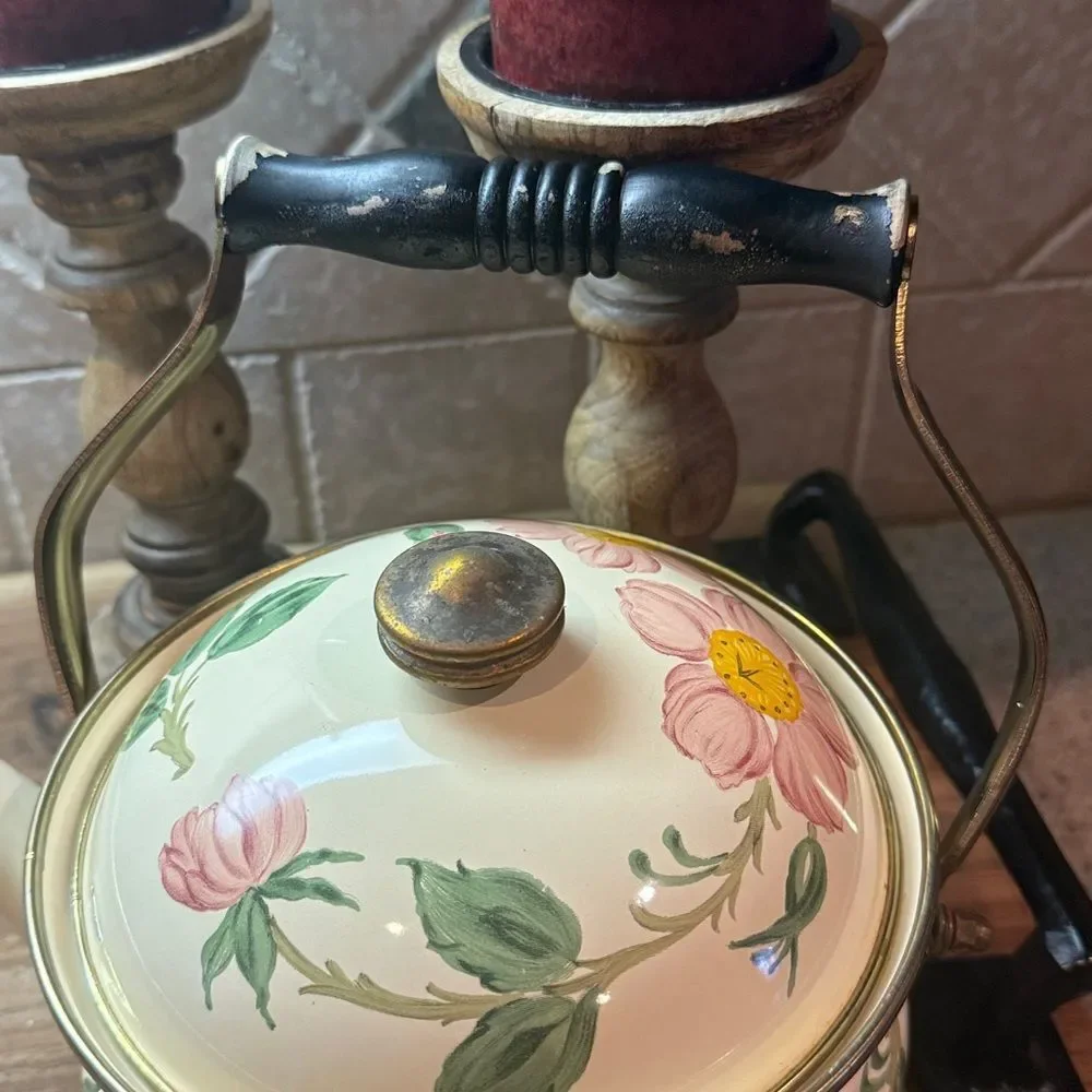 Franciscan Pink Floral Enamel Teapot with Wooden Handle